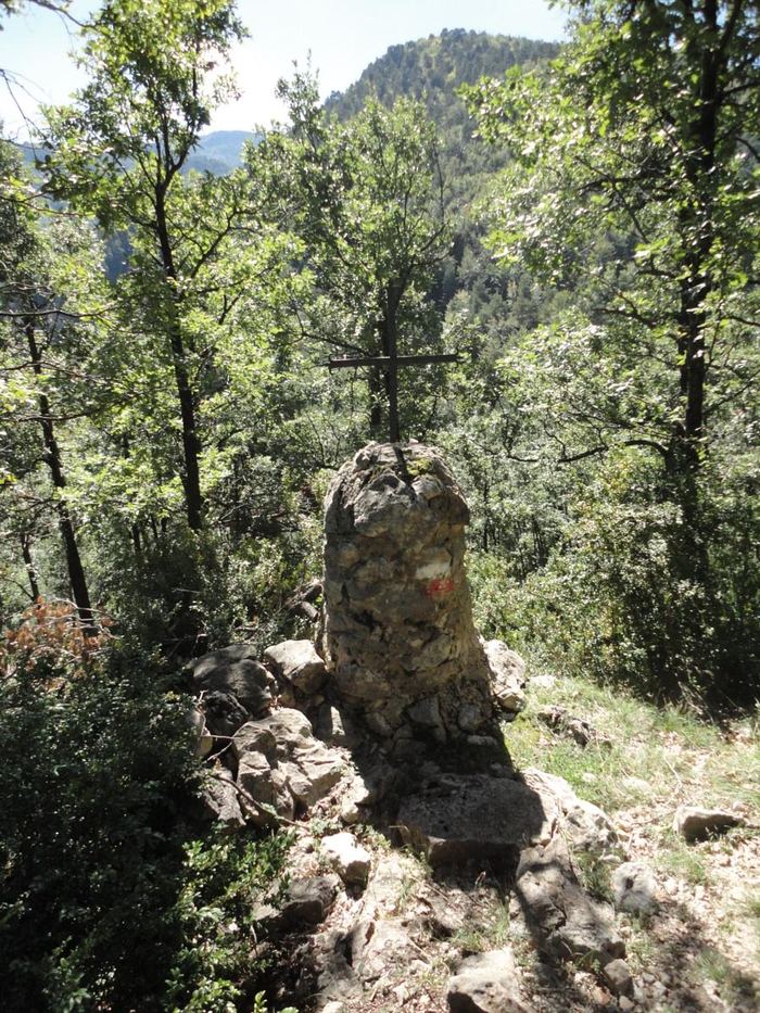 Iron cross on a stone pillar among beeches, on the Faig Reposador path at Falgars