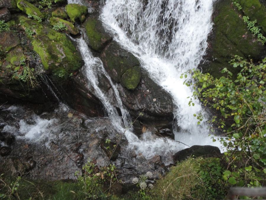 Eau des Fonts del Llobregat tombant sur une roche sombre et rougeâtre couverte de mousse