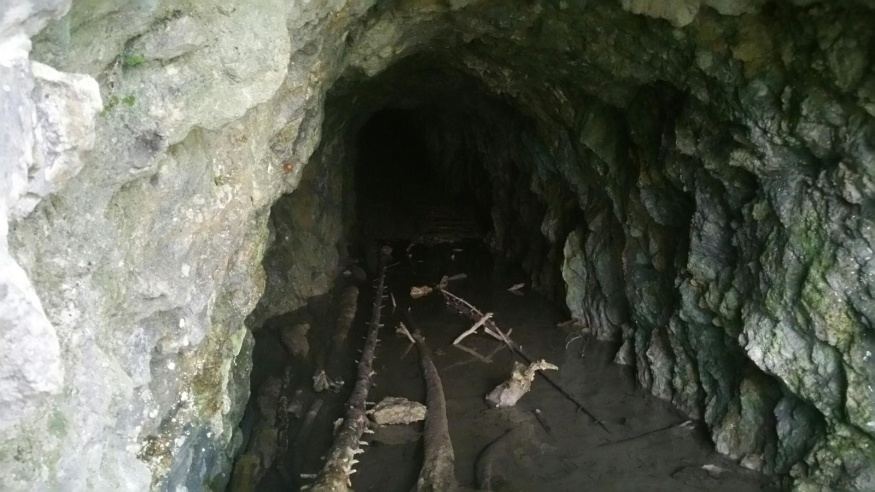 Boca de la Mina del Moreno picada a la roca, amb travessers de fusta a terra