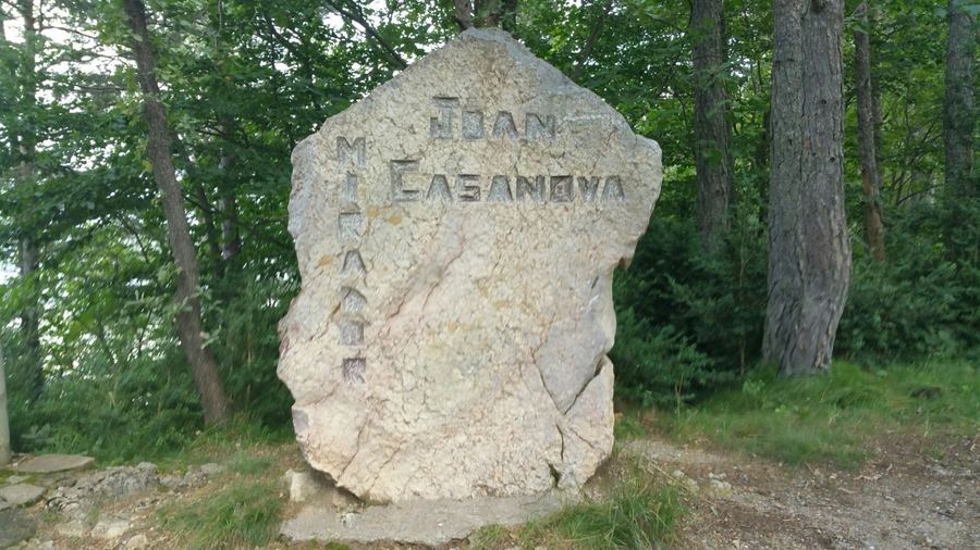 Large stone engraved with the name of the Mirador Joan Casanova, at Falgars