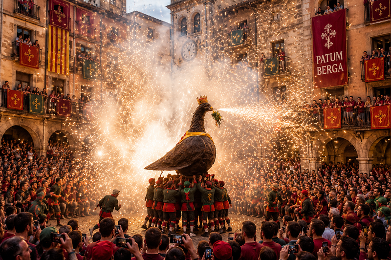 Águila de la Patum volando entre la multitud con fuego y música tradicional en Berga