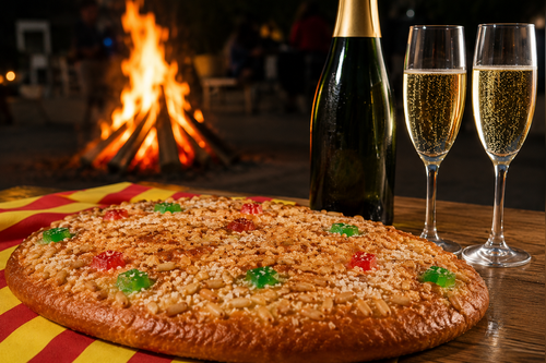 Coca de Sant Joan con frutos confitados y copa de cava en el Berguedà