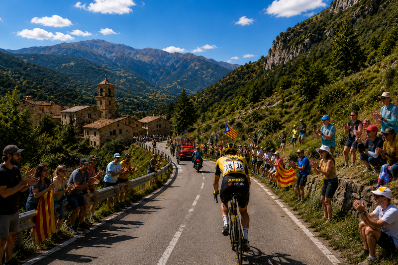 Vue panoramique des Pyr&eacute;n&eacute;es catalanes avec routes du Tour de France sous un ciel d&eacute;gag&eacute;