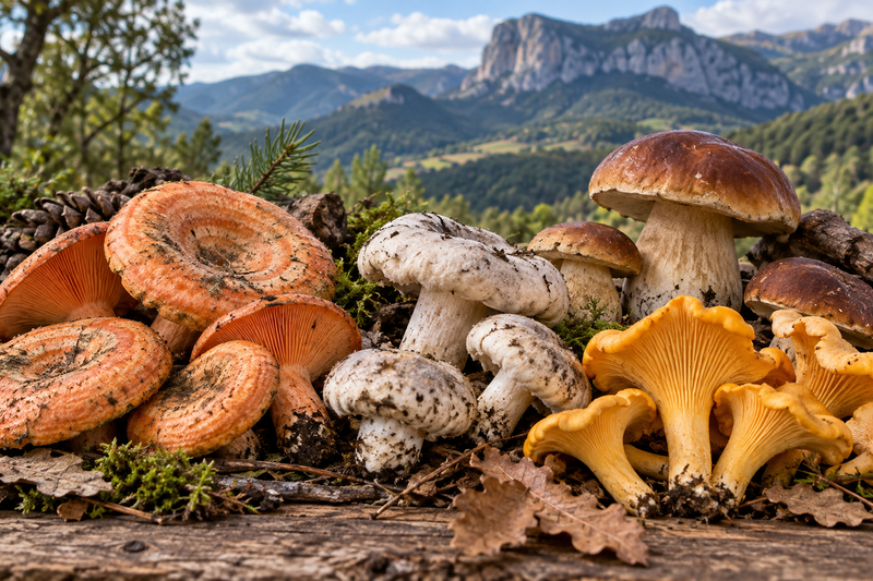 Autumn market in Bergued&agrave; with artisan stalls and mountains in the background on a clear day