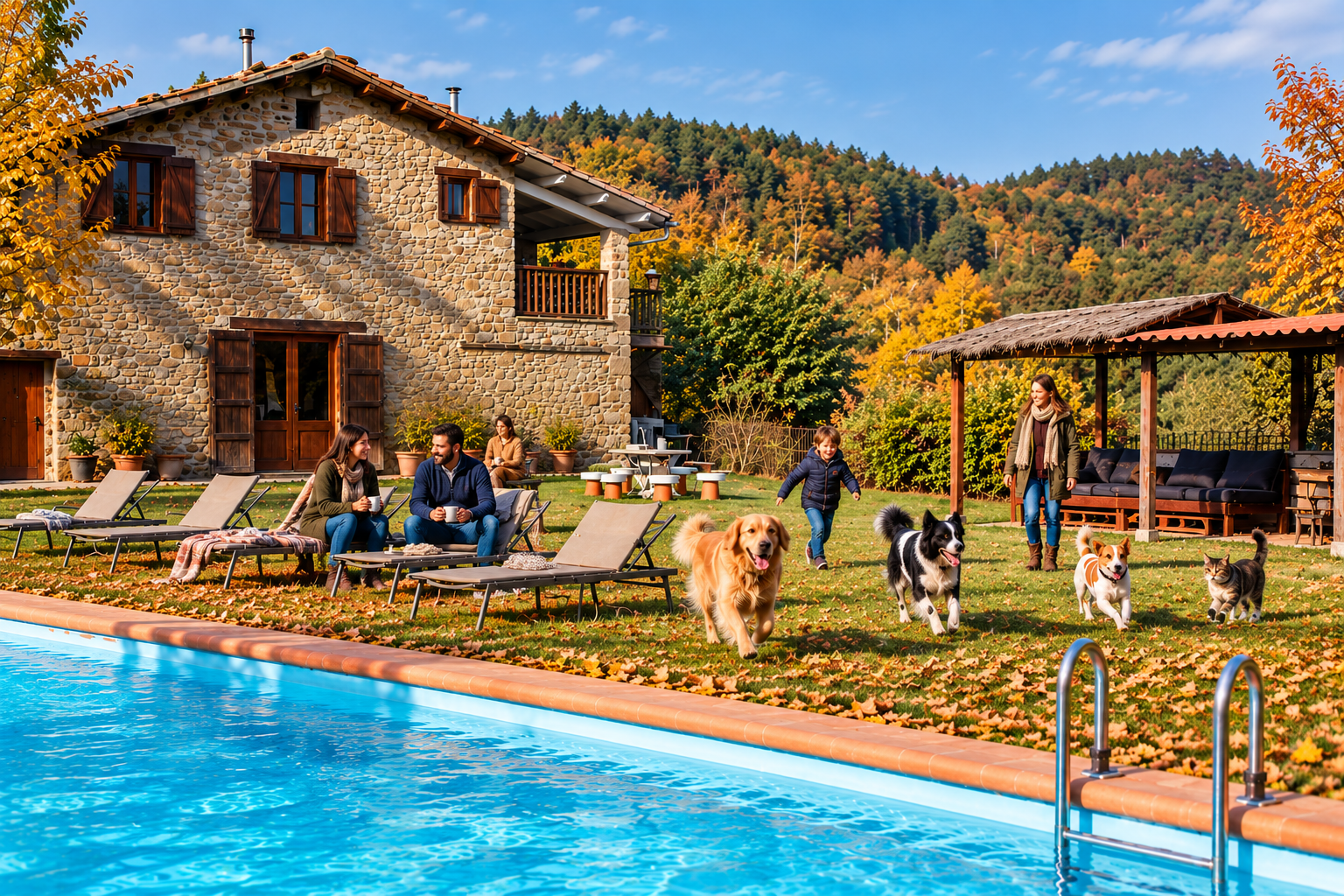 Autumn landscape in Berguedà with forests of orange and red leaves and a sunlit rural path