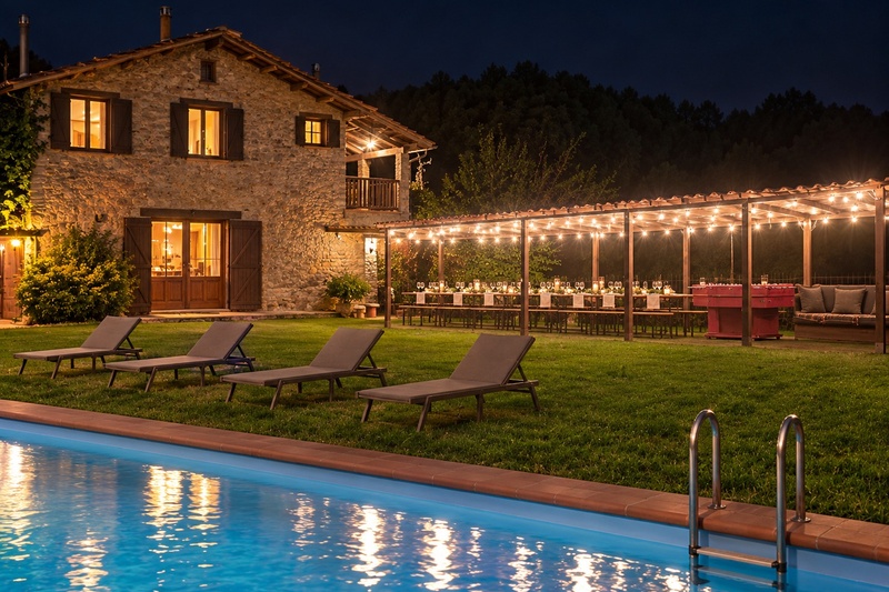 Mesa grande en espacio exterior junto a zona chill-out y piscina en la Masía El Pati
