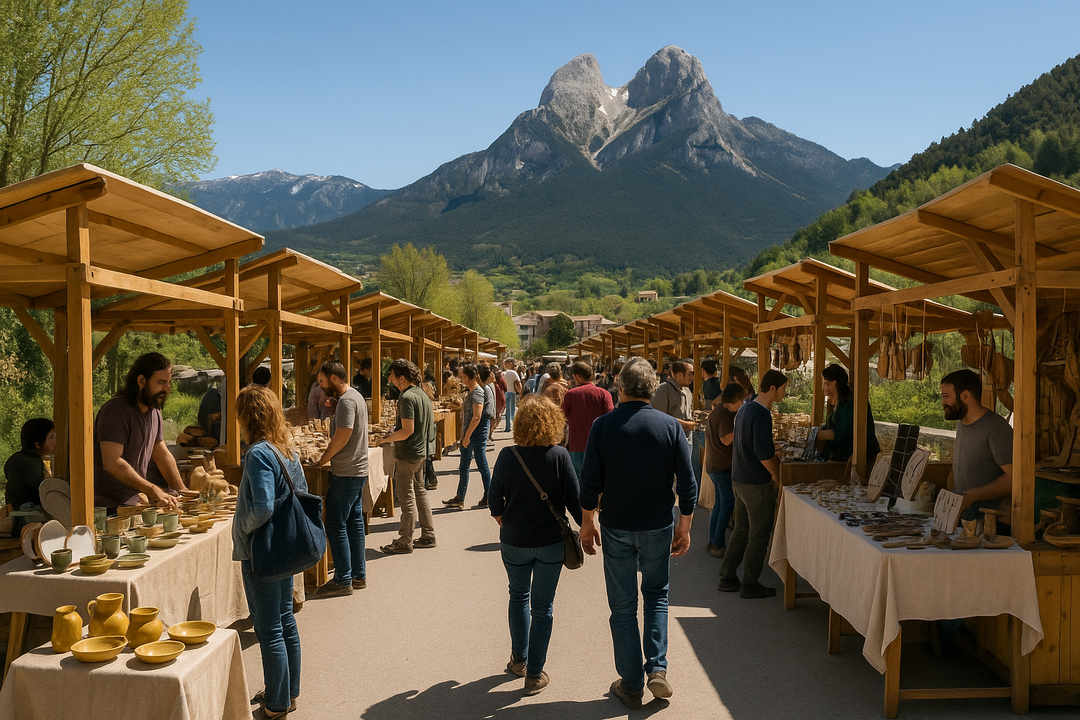 Mercat artesanal al Berguedà amb parades de fusta, artesans locals i muntanyes al fons, dia clar de primavera