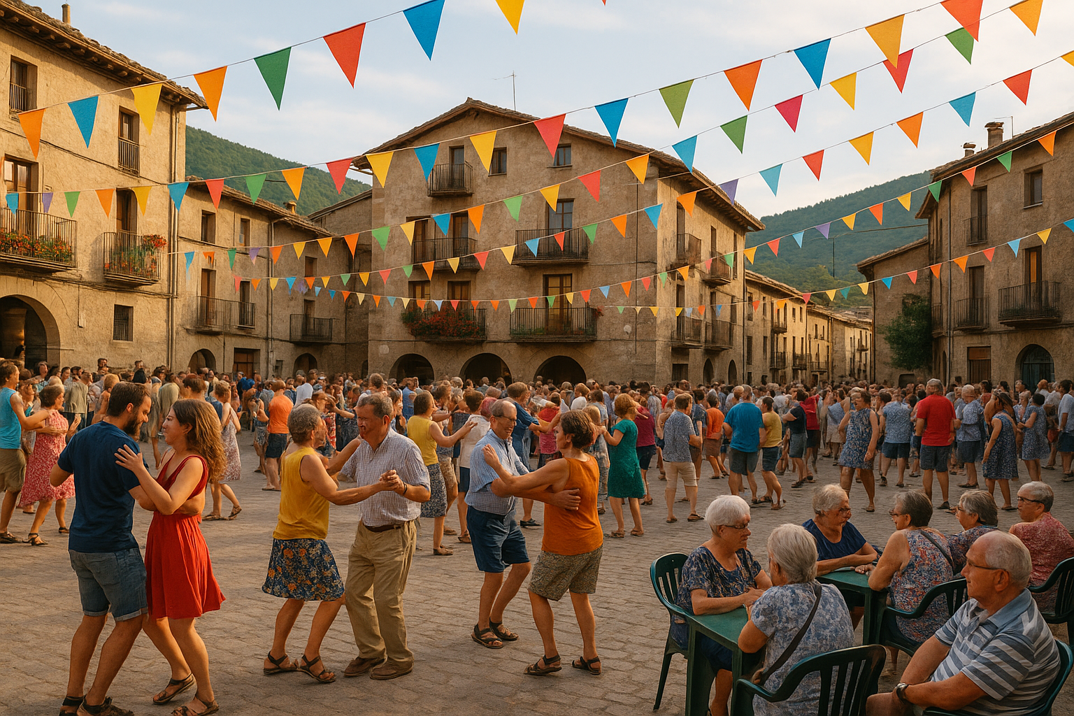 Ambiente festivo en la plaza de un pueblo del Berguedà en verano, con luz suave y gente local celebrando las fiestas mayores