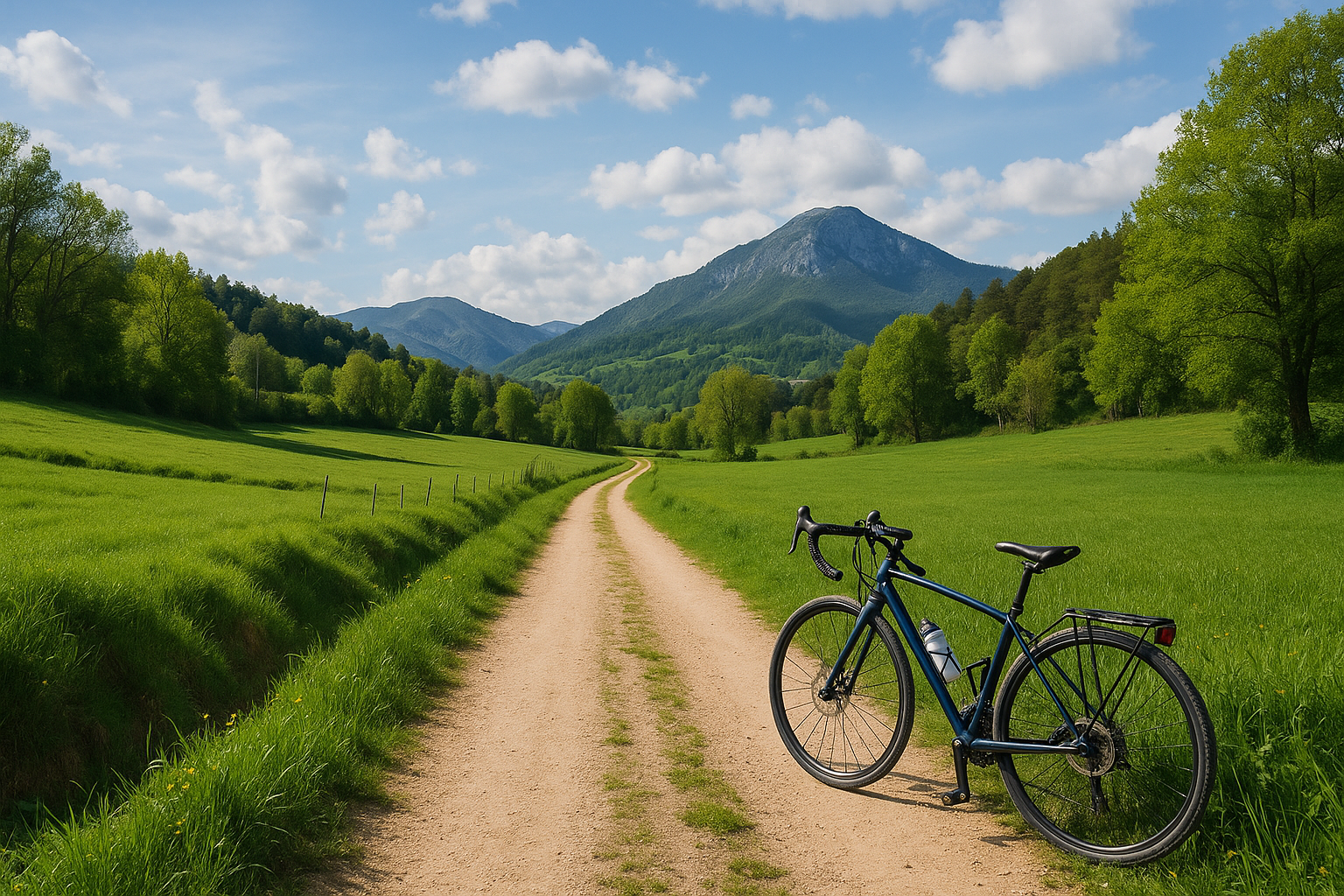 Camino rural entre Borredà y La Pobla de Lillet en primavera con bicicleta y campos verdes bajo luz natural diurna