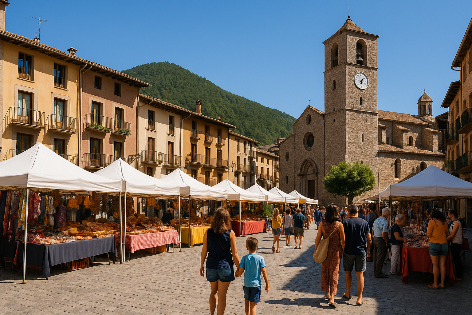 Plaza Catalunya de Bagà con puestos del mercado de verano, ambiente diurno con cielo azul, gente paseando y colores vivos