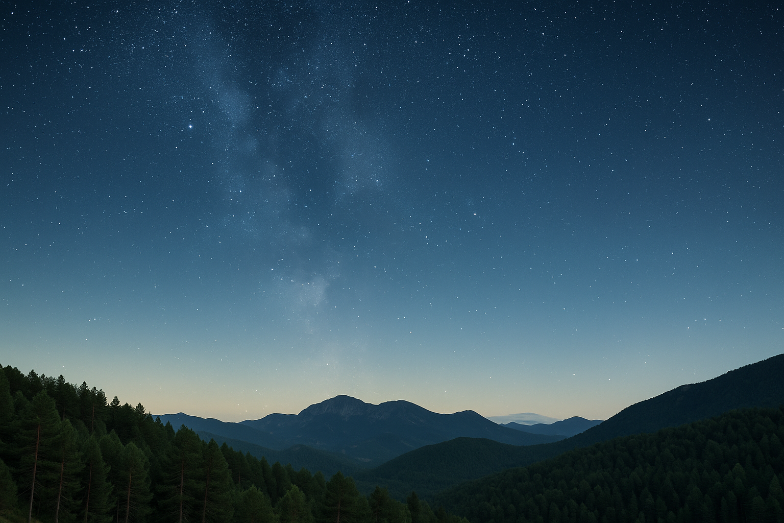 Cielo estrellado sobre los bosques y montañas del Berguedà, con un horizonte abierto ideal para observar fenómenos astronómicos