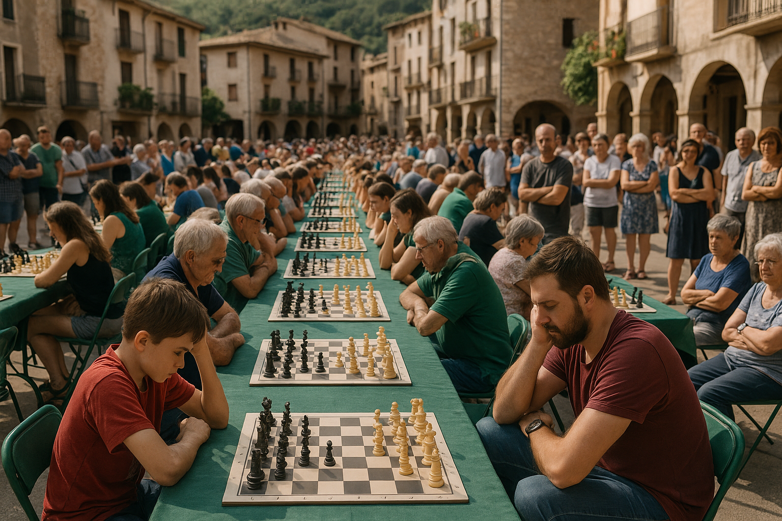 jugadores concentrados en una partida de ajedrez durante el festival en La Pobla de Lillet en un espacio exterior iluminado naturalmente