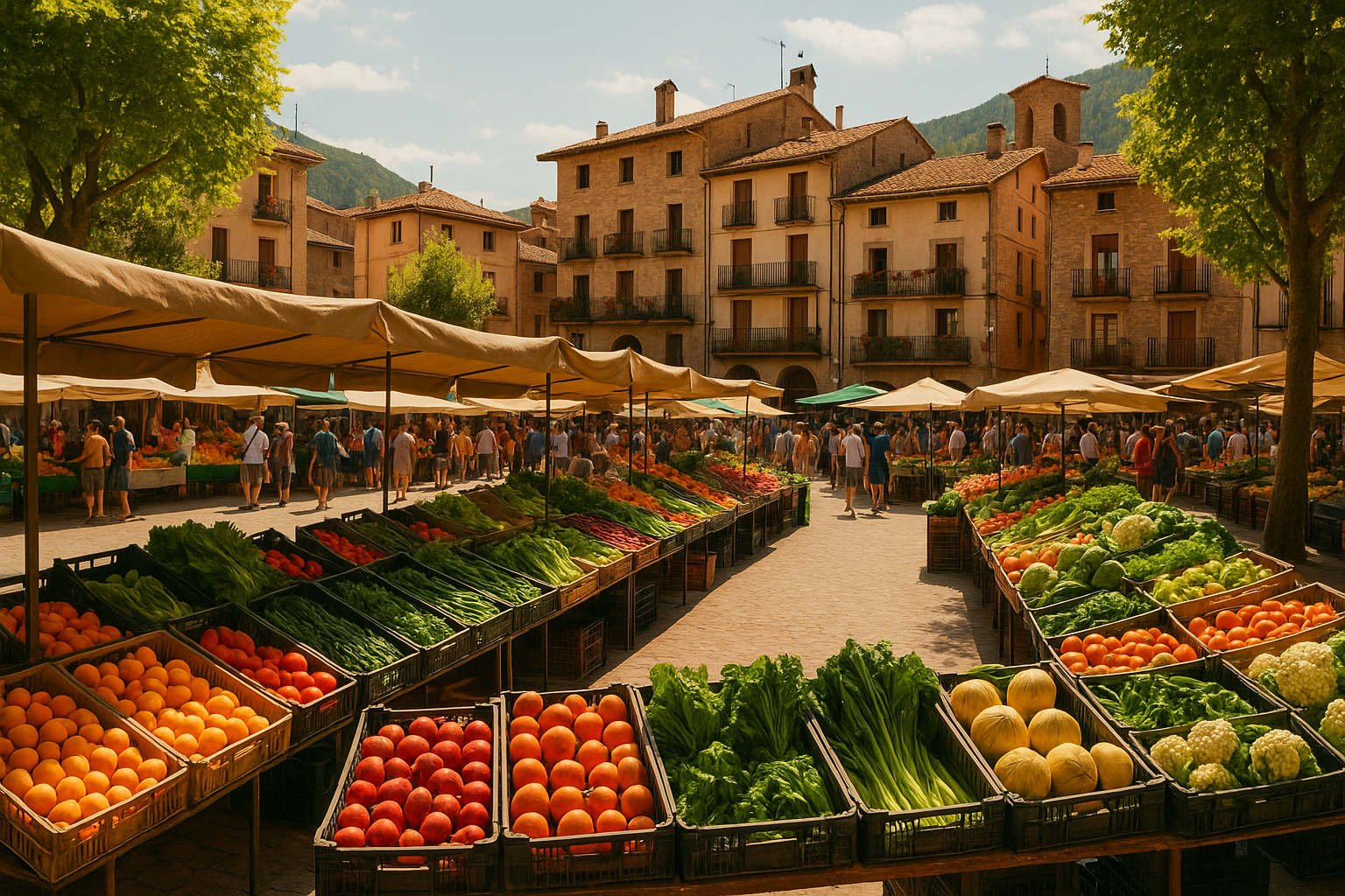 Puesto del mercado de La Pobla de Lillet con frutas y verduras frescas en verano