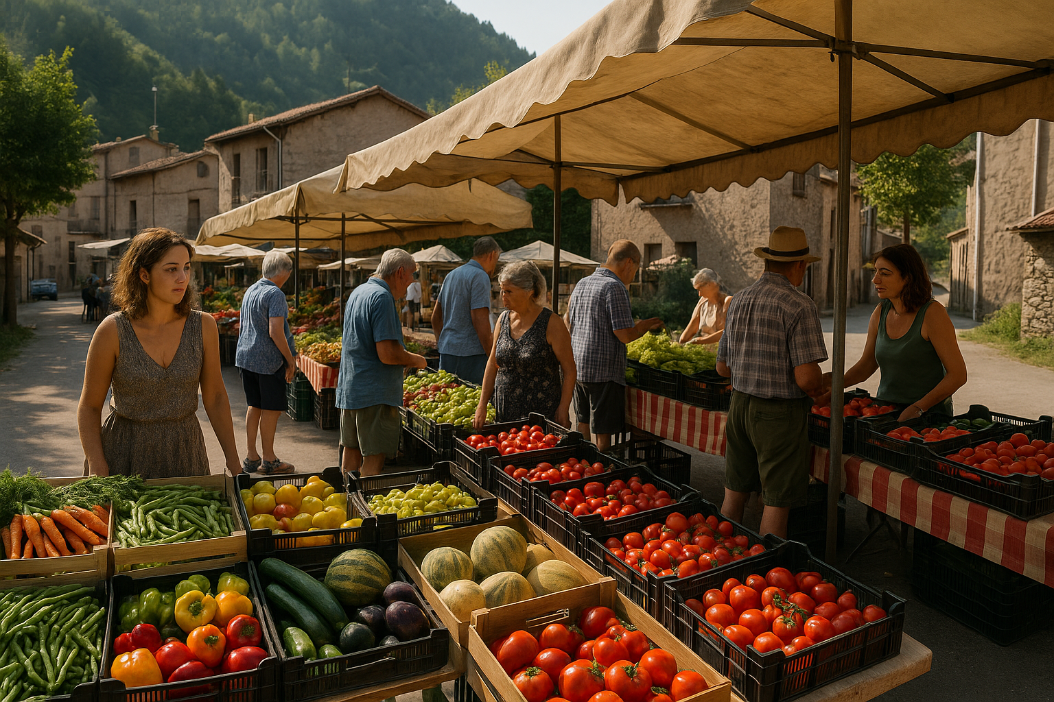 La Pobla de Lillet market stalls with fresh summer fruits and vegetables, rural atmosphere and natural light