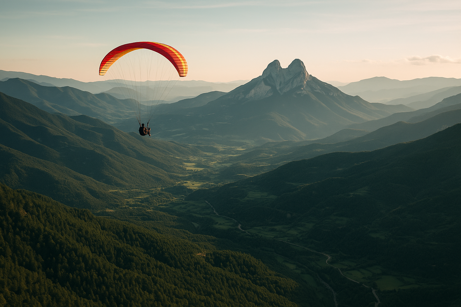 Vuelo en parapente sobre el Berguedà con paisaje de montaña y bosques verdes en un día despejado