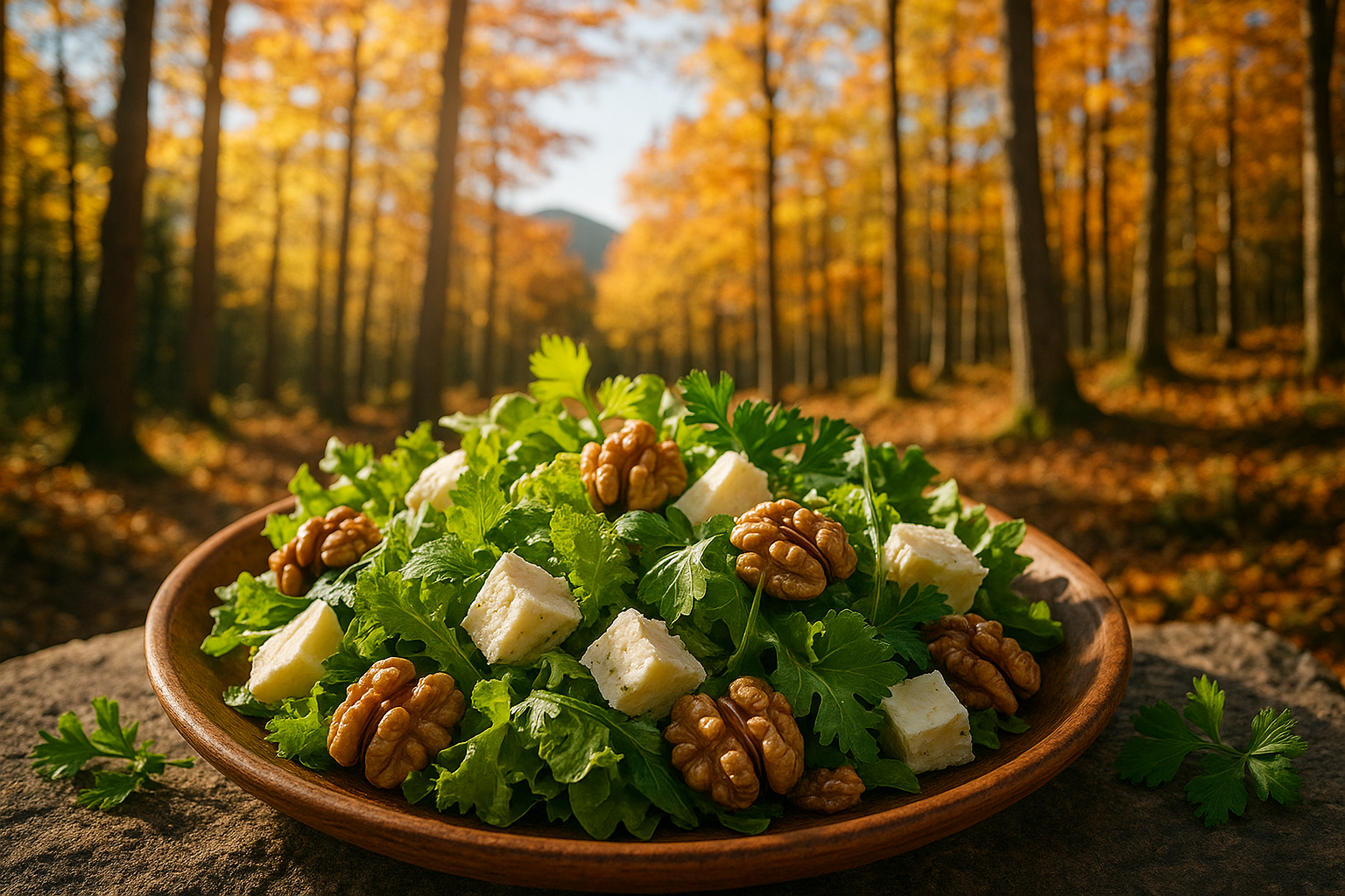 salade rustique aux fruits secs, herbes fraîches et fromage, avec un fond de forêts du Berguedà en automne clair