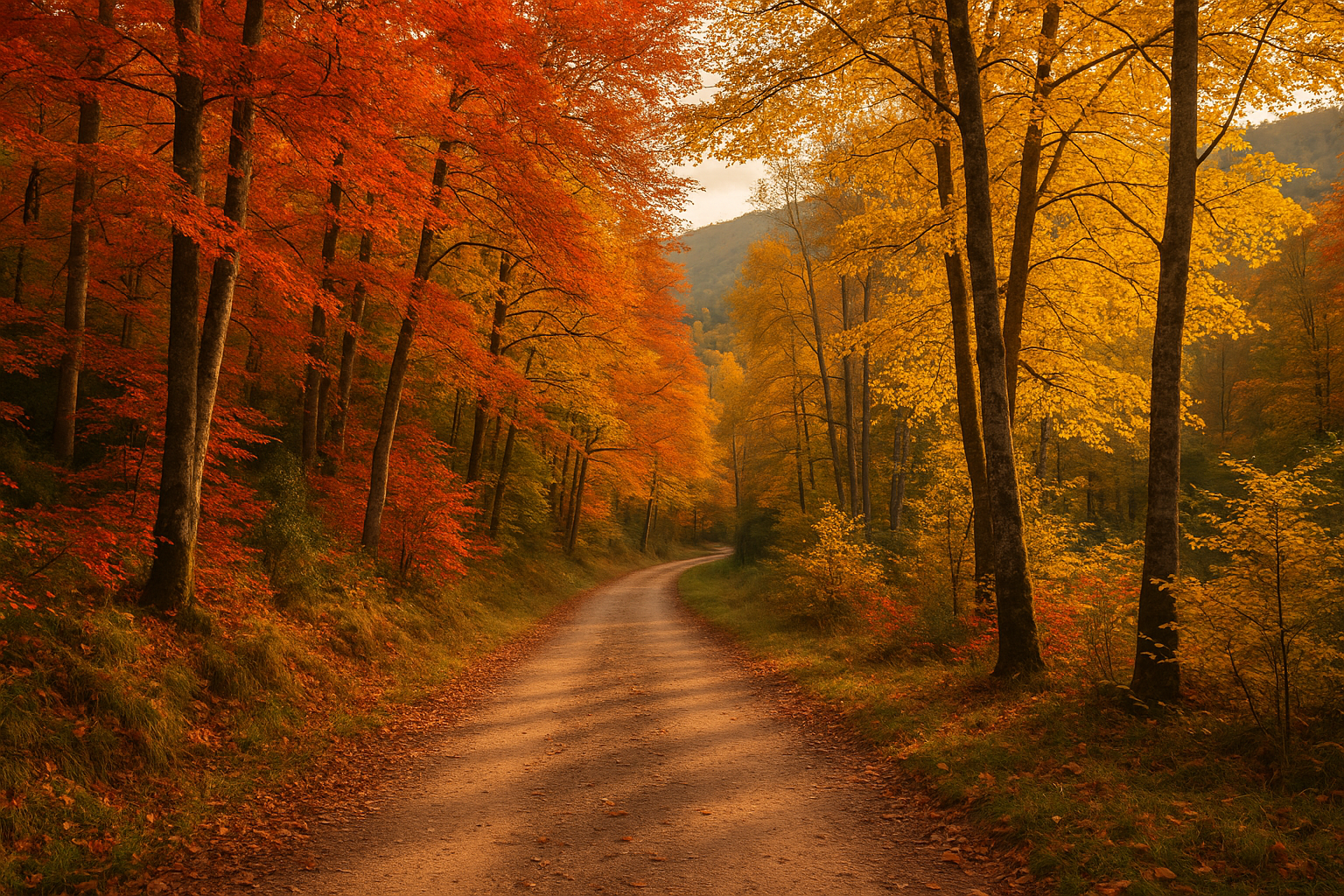 Bosques de otoño en el Berguedà con hojas rojas y amarillas, sendero con luz suave de tarde