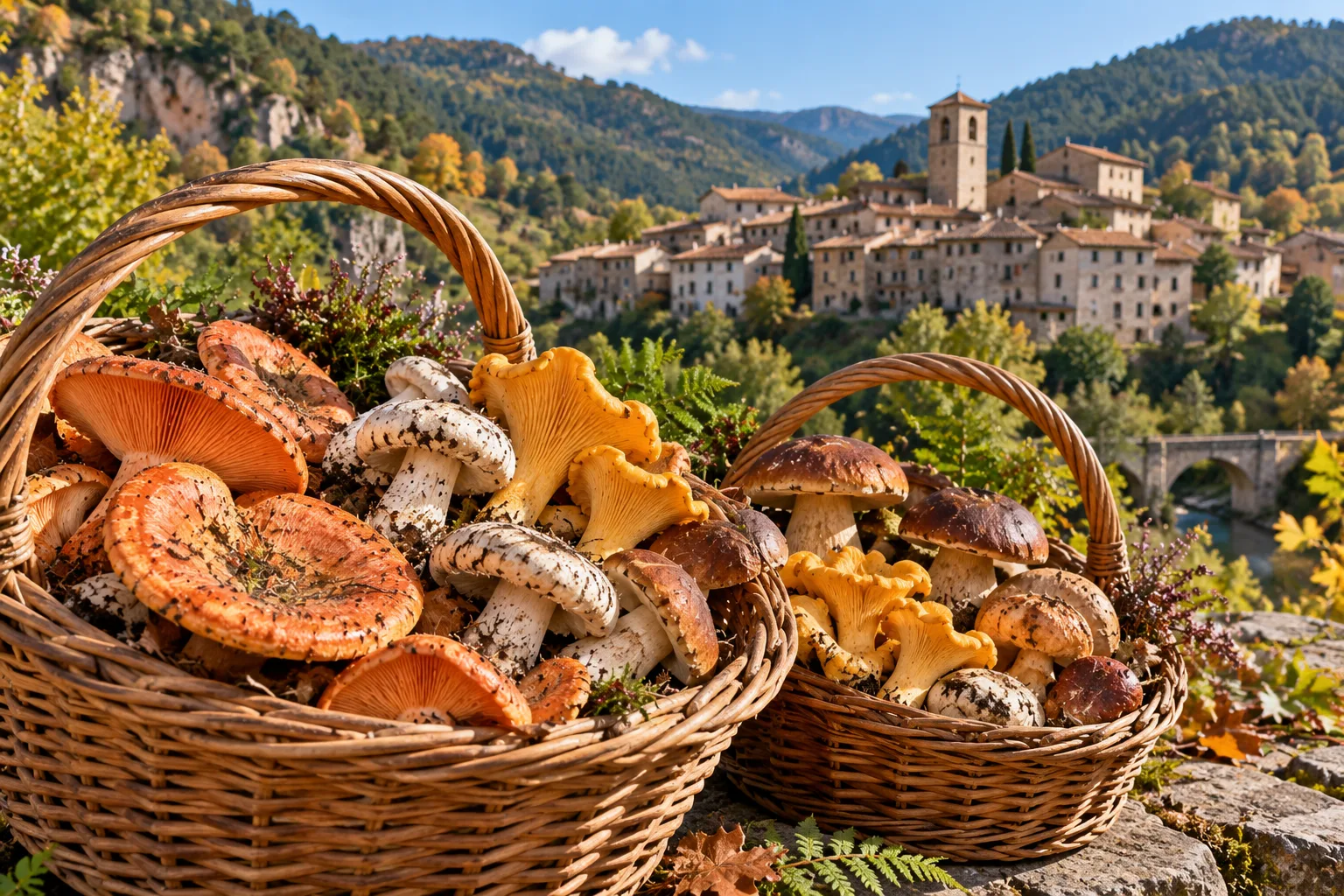 Fresh saffron milk caps on dry leaves in a beech forest of Berguedà with soft autumn light